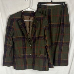 Vintage 57th Street Green and Purple Tartan Plaid 2 Piece Skirt Suit Set